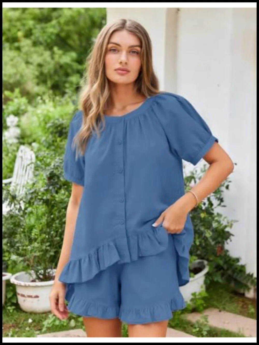 Cotton Ruffle Pajama Set for Women Button Up Short Sleeve Sleepwear